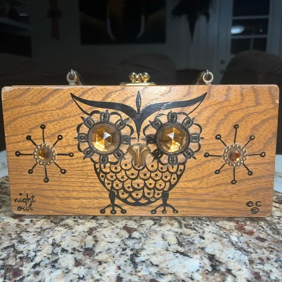 Enid Collin’s • Vintage • 1960’s • Wooden Box Bag • Night Owl • Beaded - Picture 3 of 14